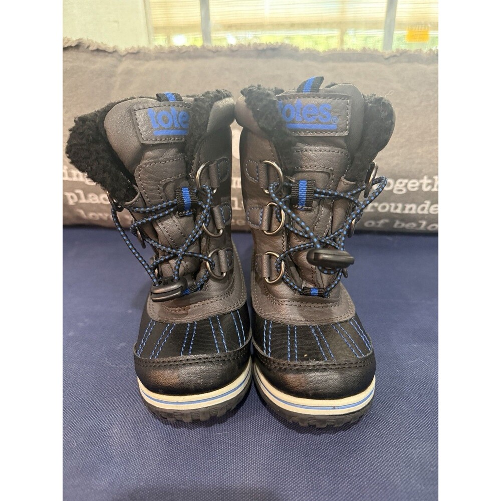 Totes Toddler Snow Boots US 8M Mid-Calf Faux Fur Lined Lace-Up Gray/Black/Blue